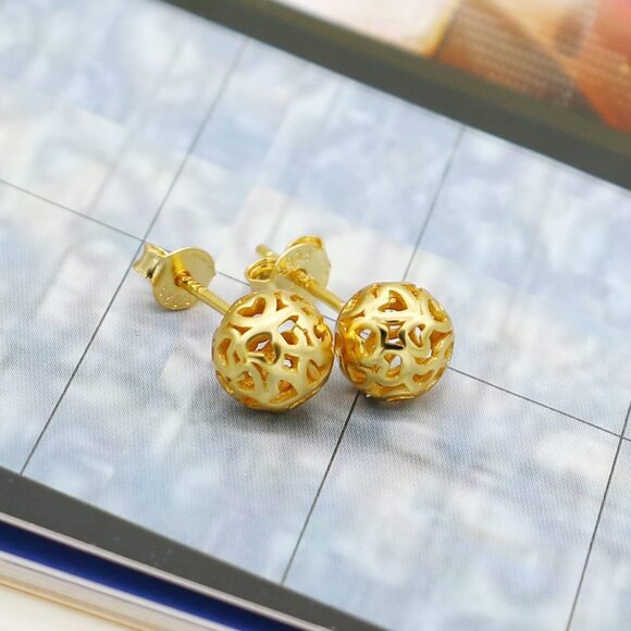 Women's Hollow Pattern Ball Pendant Stud Sterling Gold Earrings Jewelry - Picture 4 of 7